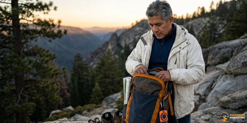 A man wearing a light jacket stands on a rocky mountain ledge, unzipping a backpack—a true embodiment of A Philosophy of Preparation—while pine trees and a valley unfold in the background at sunset.