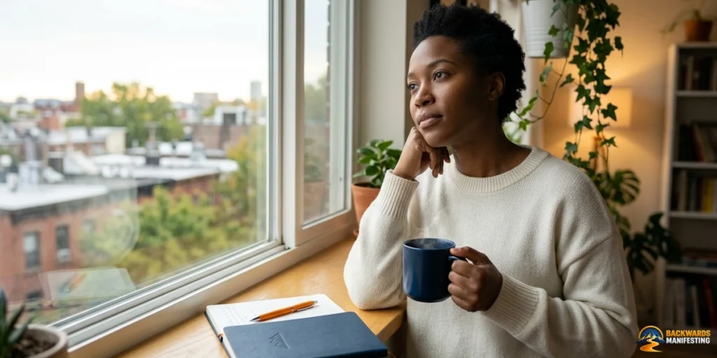 A person sits by a window holding a mug, looking outside thoughtfully, as if ready to Ask the Question That Shifts the Focus. A closed notebook and pen are on the table beside them. City buildings and trees are visible through the window.