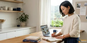 Woman standing at a kitchen counter, writing in a notebook with open laptop, books, and plants nearby—deep in thought as she explores the art of Backwards Manifesting.