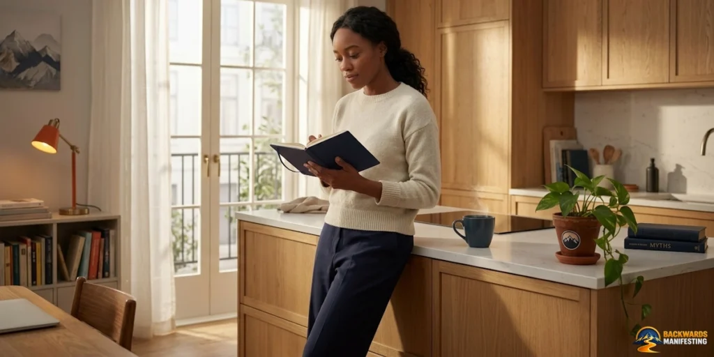 A woman stands in a bright kitchen reading a notebook about Backwards Manifesting Myths, with a coffee mug and a potted plant on the counter.