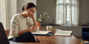 Woman sits at a wooden desk, writing in a notebook with another open book nearby, thoughtfully reflecting on the concepts of Backwards Manifesting vs Traditional Manifesting. Sunlight streams through a window behind her as she explores new perspectives and techniques.
