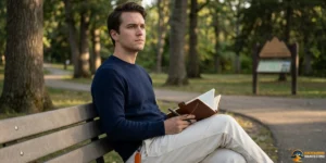 A man sits alone on a park bench, holding an open notebook and pen, as if pausing to reflect and truly believe your manifestation amid the peaceful backdrop of trees and a winding path.