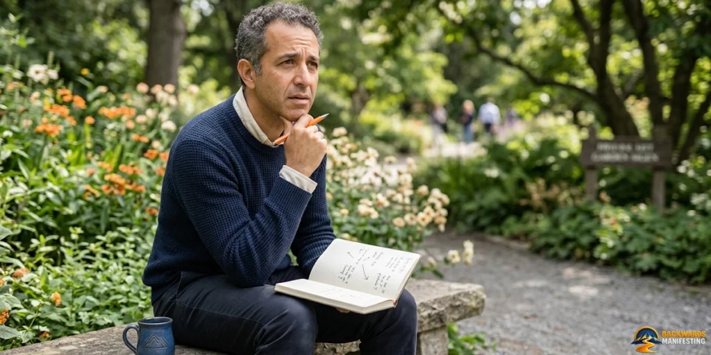 A man sits on a stone bench in a garden, holding a pencil and an open notebook with handwritten notes, appearing thoughtful and perhaps a bit confused about backwards manifesting. A blue mug is beside him, and flowers bloom in the background.