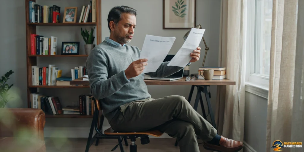 Man sitting in a home office reading documents, with bookshelves, desk, and window in the background—perhaps contemplating questions like, “Does Backwards Manifesting Replace Traditional Manifesting?” as he reviews his notes.