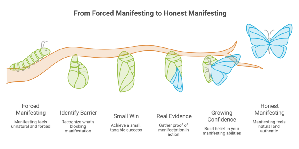 A caterpillar transforms into butterflies, visually illustrating the journey from forced manifesting to honest manifesting, with brief descriptions under each phase that highlight the evolution and stages of genuine personal growth.