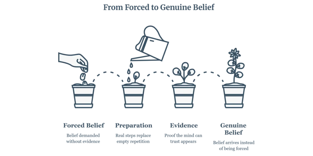 Four labeled plant pots illustrate the stages from forced to genuine belief, showing a seed being planted, watered, sprouting, and growing into a flowering plant, each accompanied by brief explanatory captions.
