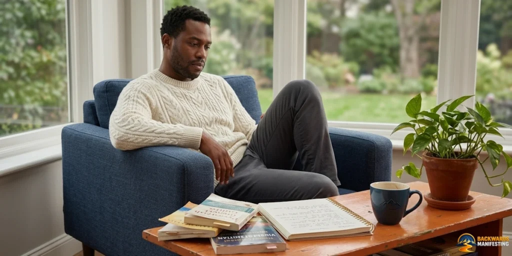 A man sits in a blue armchair by a window, looking thoughtful as if pondering the gap between knowing and believing. A coffee table in front holds books, a notebook, a mug, and a potted plant.