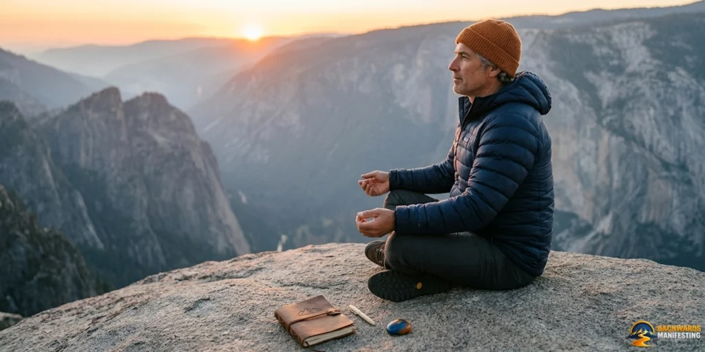 A person in a blue jacket and orange hat meditates on a rocky cliff at sunrise, embodying the harmony of how backwards manifesting and traditional manifesting work together. With a journal and pen nearby, they overlook a mountain landscape, reflecting deeply on their intentions and the paths to realizing them.