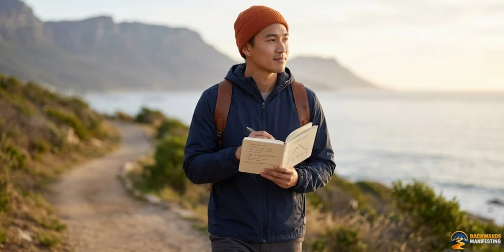 A person wearing a beanie and jacket walks on a coastal path while writing in a notebook, reflecting on how backwards manifesting helps close the gap between their current reality and future aspirations, with mountains and the ocean in the background.