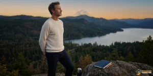 A man in a white sweater stands on a hilltop at sunset, overlooking a forested lake. As he reflects on his day, he jots down thoughts in his notebook about How Backwards Manifesting Works, while a thermos rests on a nearby rock.