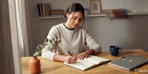 Woman sits at a desk writing in a planner, perhaps contemplating How Do I Start Backwards Manifesting for her goals. A laptop, cup of coffee, and vase with a branch are on the table. Shelves with books and a folded blanket are in the background.