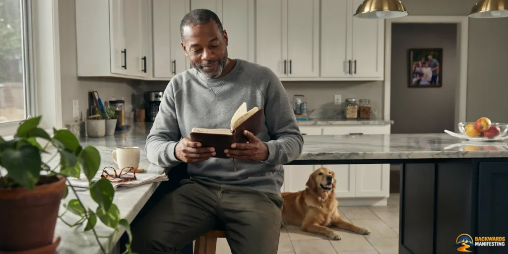 A man sits at a kitchen counter reading a book about How Does Backwards Manifesting Work?, with a mug and glasses nearby. A dog lies on the floor behind him. The kitchen is well-lit with white cabinets.