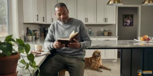 A man sits at a kitchen counter reading a book about How Does Backwards Manifesting Work?, with a mug and glasses nearby. A dog lies on the floor behind him. The kitchen is well-lit with white cabinets.