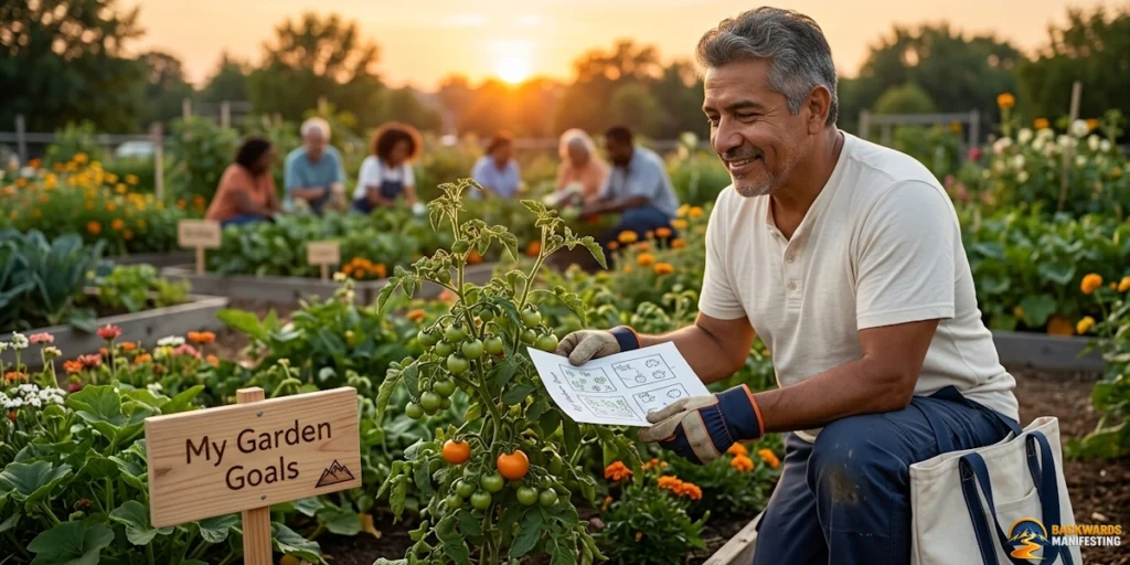 A man examines gardening plans near a tomato plant in a community garden, with a sign reading “My Garden Goals” and other people working in the background at sunset, showing how small wins build honest belief (instead of pretending) as each gardener celebrates real progress together.