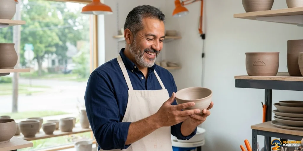 A man wearing an apron smiles while holding a clay bowl in a pottery studio, surrounded by shelves with unfinished ceramic pieces, embodying the spirit of How To Believe What You Manifest as he turns vision into reality through his craft.