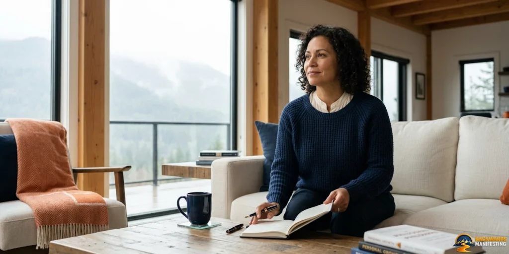 A woman sits on a sofa with an open notebook and pen, looking thoughtfully out a window, perhaps reflecting on the key differences between backwards manifesting and traditional manifesting. A mug, phone, and books are arranged neatly on the wooden coffee table, while large windows frame a stunning mountain view.