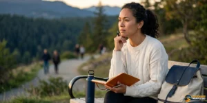 A woman sits on a bench outdoors, holding a notebook and pen, looking thoughtful—as if reflecting on why manifesting feels forced. A water bottle and backpack are beside her, while trees and mountains create a peaceful backdrop.
