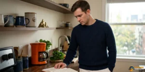 A man in a navy sweater stands in a modern kitchen, reading an open book on the counter beside a coffee maker, vegetables, and shelves with containers—caught in that quiet moment when manifesting feels like pretending.