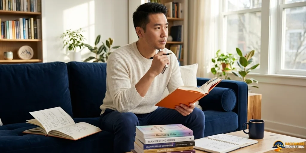 A man sits on a blue couch holding a notebook and pen, surrounded by books, papers, and a coffee mug in a well-lit living room, thoughtfully exploring various manifesting methods as he journals his intentions.