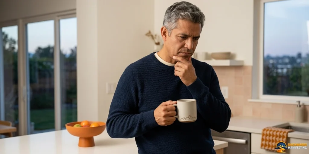 A man stands in a kitchen holding a mug and looking thoughtful, perhaps pondering why his manifesting is not working, with a bowl of fruit on the counter and sunlight streaming through large windows.