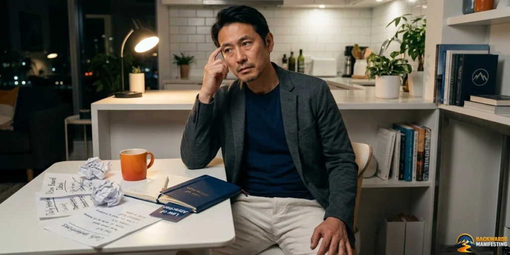 A man sits at a table with a notebook, a cup, and crumpled papers, appearing deep in thought in a well-lit, modern kitchen—perhaps pondering why manifesting techniques don’t work as he tries to bring his ideas to life.