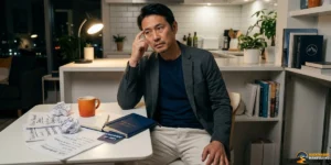 A man sits at a table with a notebook, a cup, and crumpled papers, appearing deep in thought in a well-lit, modern kitchen—perhaps pondering why manifesting techniques don’t work as he tries to bring his ideas to life.