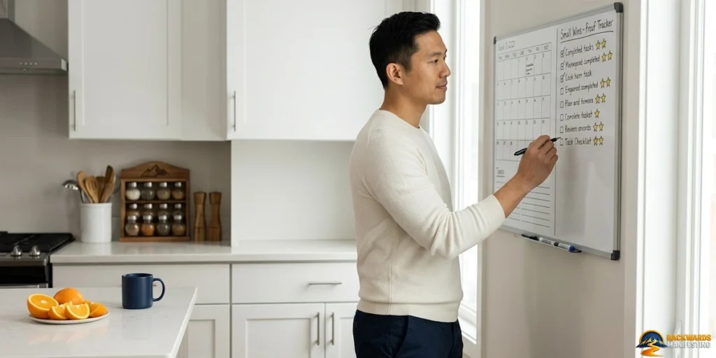 A man writes on a whiteboard in a modern kitchen, with a mug, plate of oranges, and containers on the counter nearby—embodying the philosophy of Small Wins: Proof Before Belief as he maps out each step towards his goals.