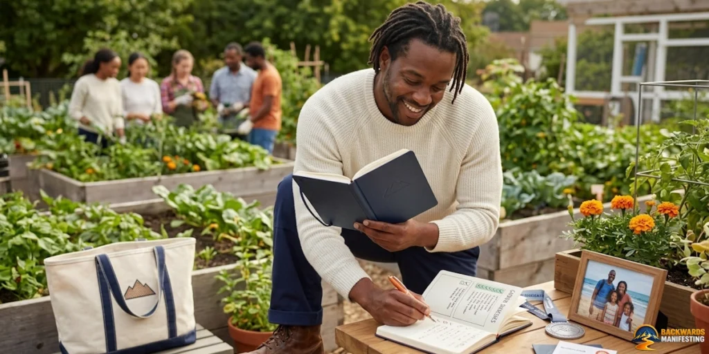 A man writes in a notebook at a table in a community garden, thoughtfully stacking evidence across multiple areas as people garden in the background; a tote bag and photos are spread out on the table.