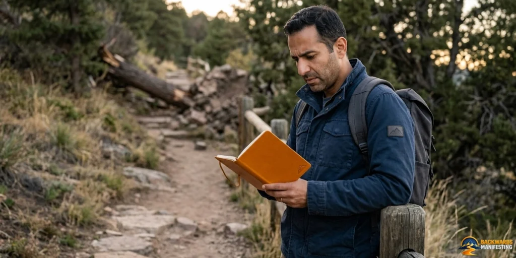 A man in a blue jacket with a backpack reads an orange book while standing on a dirt trail surrounded by trees and rocks, taking a moment to start identifying your barriers along his journey.