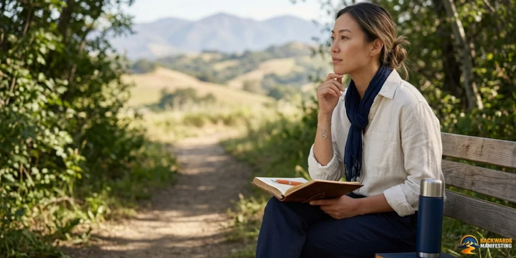 A woman sits on a bench outdoors with a notebook and pen, looking thoughtful—perhaps struggling to manifest her dreams as she writes. Hills and trees are in the background; a thermos and cup are beside her.