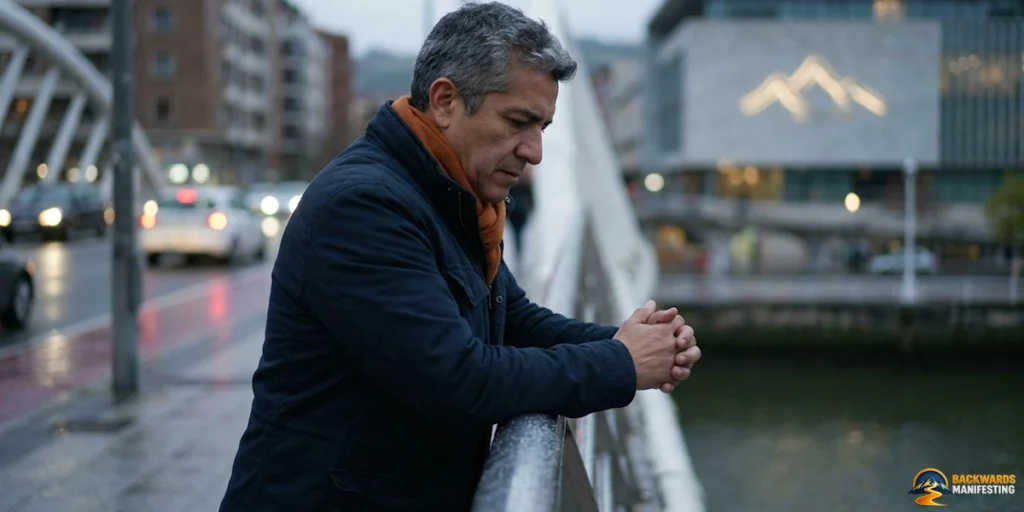 A man stands alone on a bridge, leaning on a railing with his hands clasped, looking down thoughtfully, as if contemplating the barriers behind your doubt. Urban buildings and cars are visible in the background.