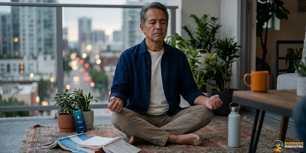 A man meditates cross-legged on a balcony, eyes closed, surrounded by plants, papers, a water bottle, and a phone displaying a meditation app. A cityscape is visible in the background—the scene quietly suggesting that the real problem isn’t the technique—it’s belief.