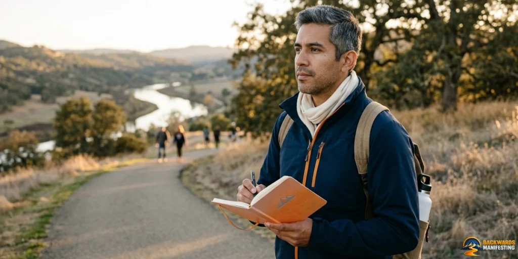 A man with gray hair stands on a paved trail, holding an open notebook and pen, contemplating what changes when you combine backwards manifesting with other methods, while trees, hills, and people walking in the background create a peaceful atmosphere.