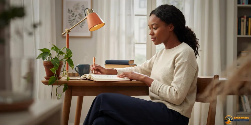 Woman sits at a wooden desk writing in a notebook, reflecting on the concept of backwards manifesting. Beside her are a cup, books, a lamp, and a potted plant. Light streams in from a window behind her as she contemplates what is backwards manifesting and sets her intentions for the day.