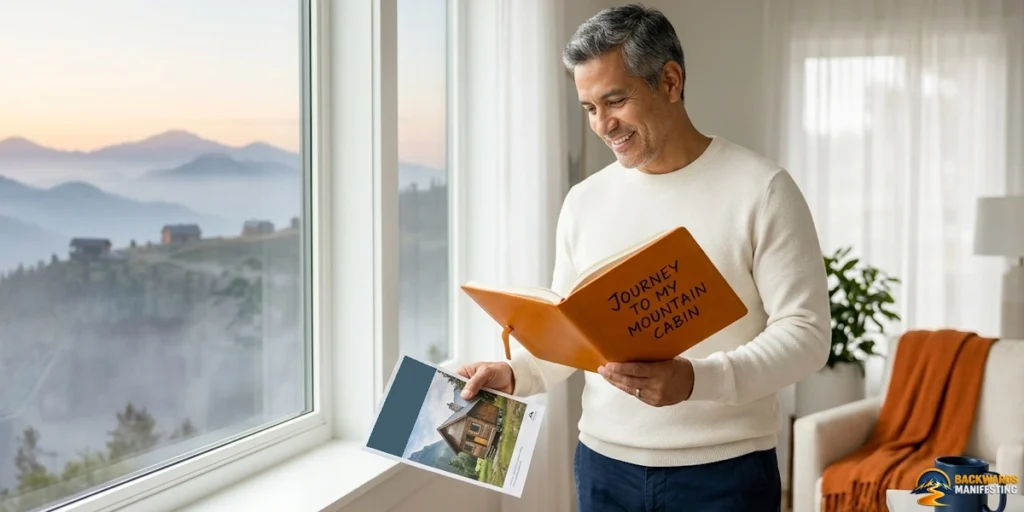A man stands by a window, smiling while reading a large book titled “Journey to My Mountain Cabin” and holding a sheet with a cabin photo; mountains are visible through the window, reflecting on who backwards manifesting is designed to help.