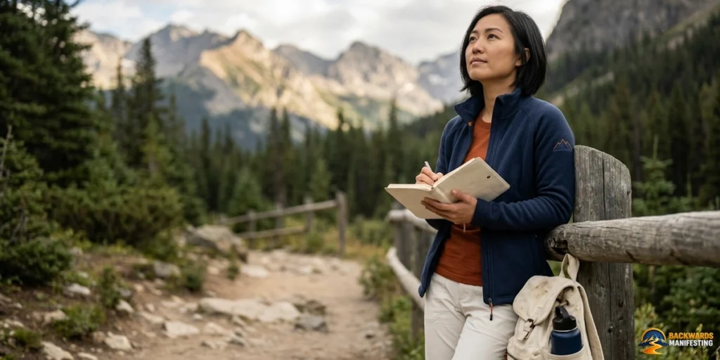 A woman stands on a mountain trail, holding a notebook and pen, with trees and rocky peaks in the background under a partly cloudy sky—reflecting on why Backwards Manifesting was created to close that gap between dreams and reality.