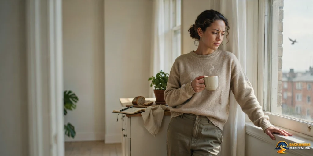 A woman holding a white mug stands by a window, looking outside and contemplating, “Why can’t I believe my manifestations?” A notepad, phone, and plant sit on a nearby counter, while a bird is visible in the sky outside.