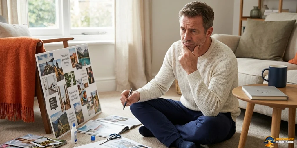 A man sits on the floor, looking thoughtful while arranging images and notes for a vision board, perhaps pondering why manifesting doesn’t work as easily as hoped. Scissors, glue, a mug, and an open notebook are nearby.