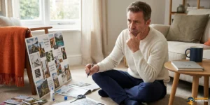 A man sits on the floor, looking thoughtful while arranging images and notes for a vision board, perhaps pondering why manifesting doesn’t work as easily as hoped. Scissors, glue, a mug, and an open notebook are nearby.
