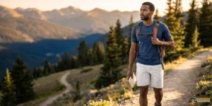 A man wearing a blue shirt, shorts, and a backpack hikes on a mountain trail surrounded by trees, holding a map in one hand, perhaps reflecting on why some people struggle to manifest their goals amidst life’s winding paths.