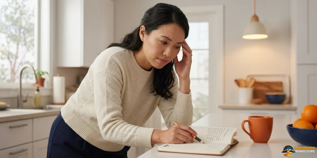 A woman stands in a kitchen, writing in a notebook on the counter with a pen, while appearing to think—perhaps pondering why visualization feels fake. An orange mug and a bowl of fruit are nearby.