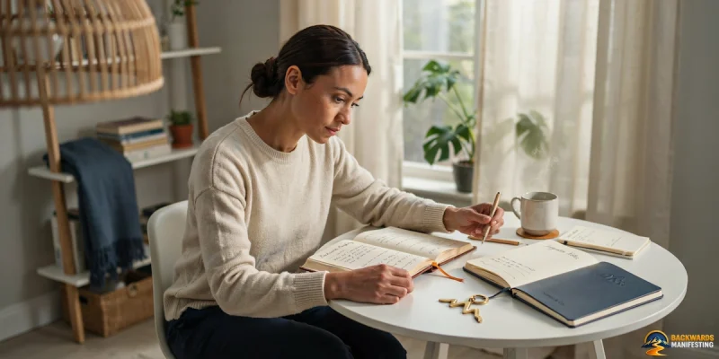 A woman sits at a round table writing in a notebook, surrounded by books, a mug, and a set of keys, with a plant and bookshelf in the background—perhaps pondering if you can use backwards manifesting with other manifestation methods as she plans her next steps.