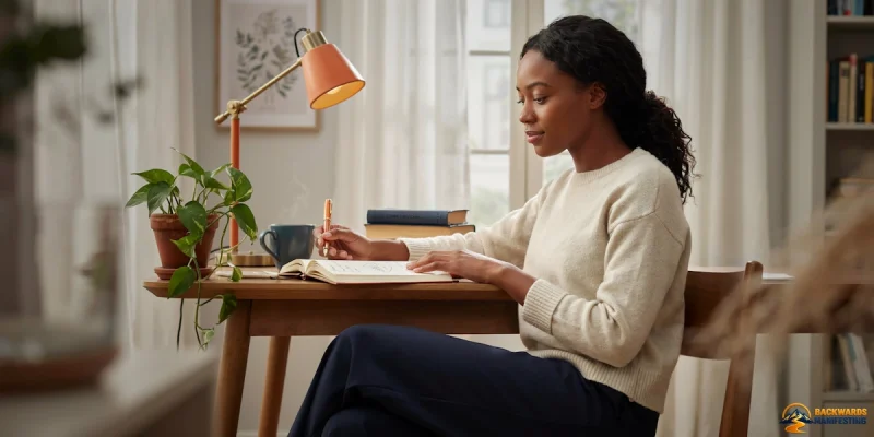 Woman sits at a wooden desk writing in a notebook, reflecting on the concept of backwards manifesting. Beside her are a cup, books, a lamp, and a potted plant. Light streams in from a window behind her as she contemplates what is backwards manifesting and sets her intentions for the day.