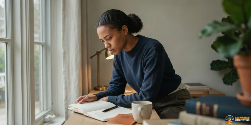 A person sits at a desk by a window, reading and writing in a notebook as they ponder why manifesting doesn’t feel real. A coffee mug, plants, and books are neatly arranged on the desk.